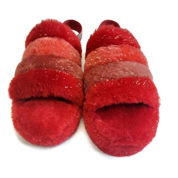 UGG Womens Size 6 Fluff Yeah Metallic Sparkle Slide Backstrap Slippers Red Multi - Picture 5 of 8
